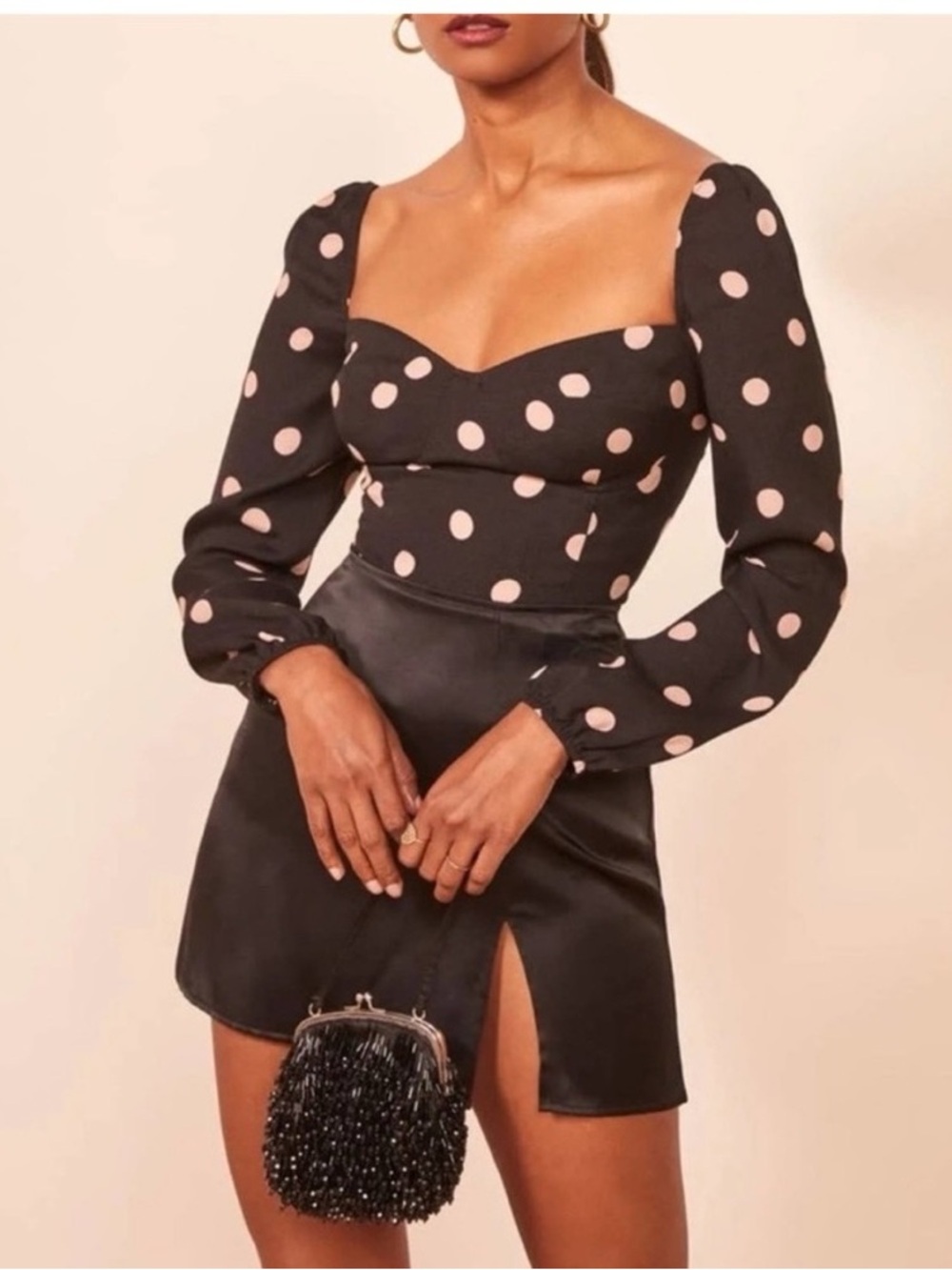 Reformation Black Top with Pink Polka Dots